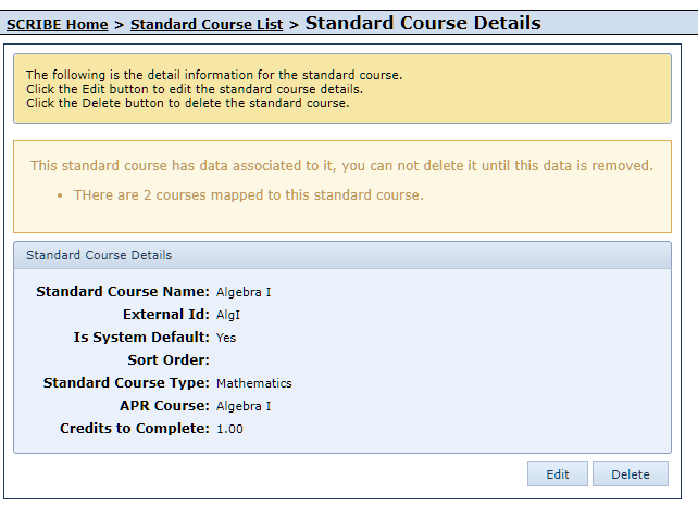 Delete Standard Course Alert