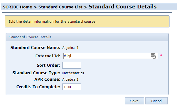 Edit System Default Standard Course Form