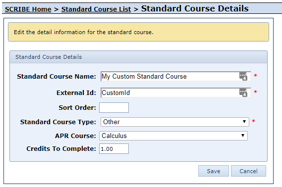 Edit Custom Standard Course Form
